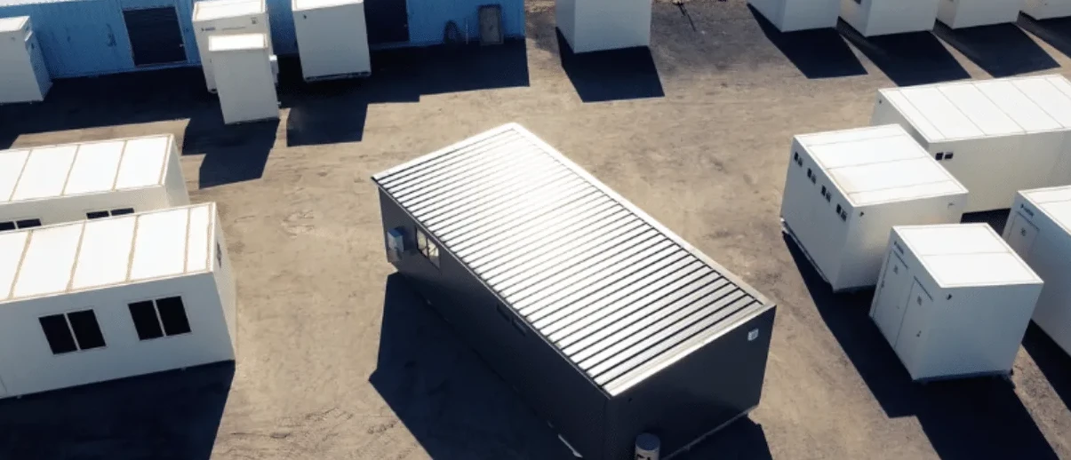 Aerial view of the McGregor Portables yard in Keilor Park, packed with stock portable buildings