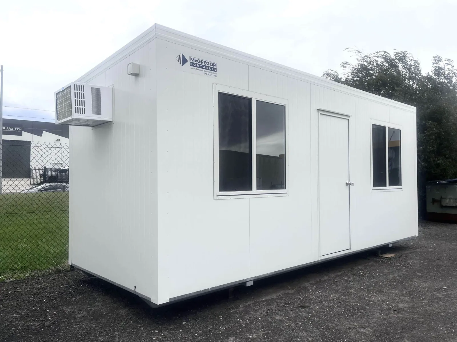 McGregor site office at the Keilor Park yard, complete building with branding, air conditioner and entry door